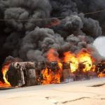 On the Lagos-Ibadan Expressway,  fuel truck explodes after colliding with two vehicles.