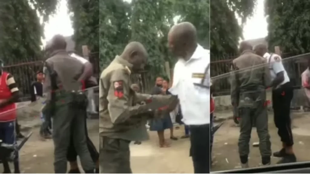 A security guard arrests a police officer for allegedly extorting a driver [Video]